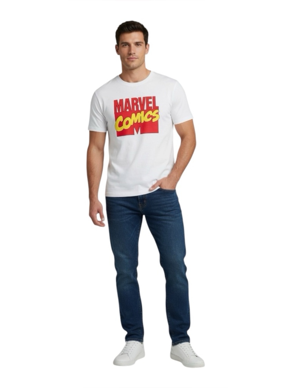 Marvel White Tee with Red and Yellow Comics Logo — Men